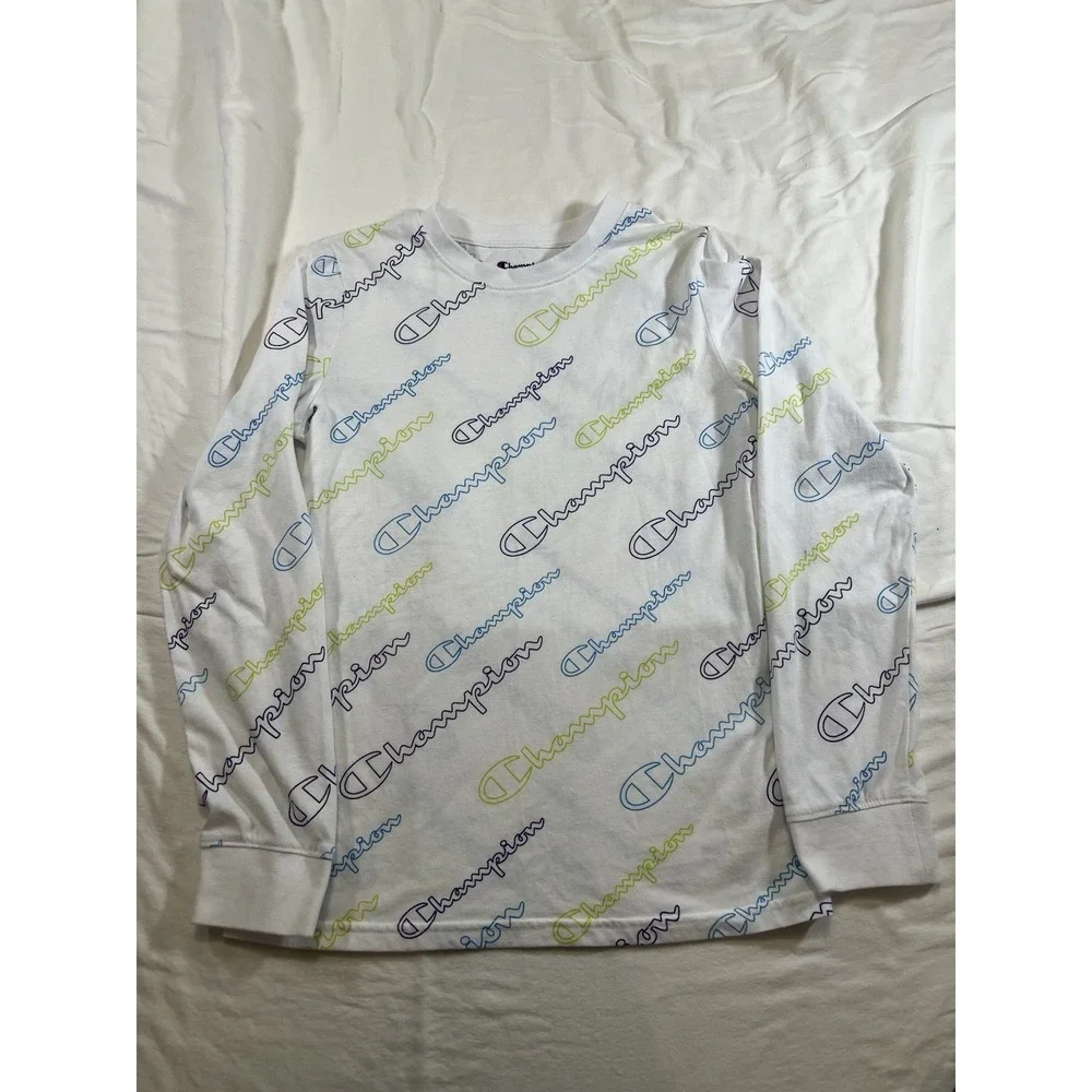 Champion Shirt Boys L White Graphic Spellout Logo AOP Long‎ Sleeve Youth Kids